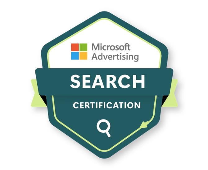 A badge displaying the Microsoft Advertising logo and the words Search Certification with a magnifying glass icon at the bottom.